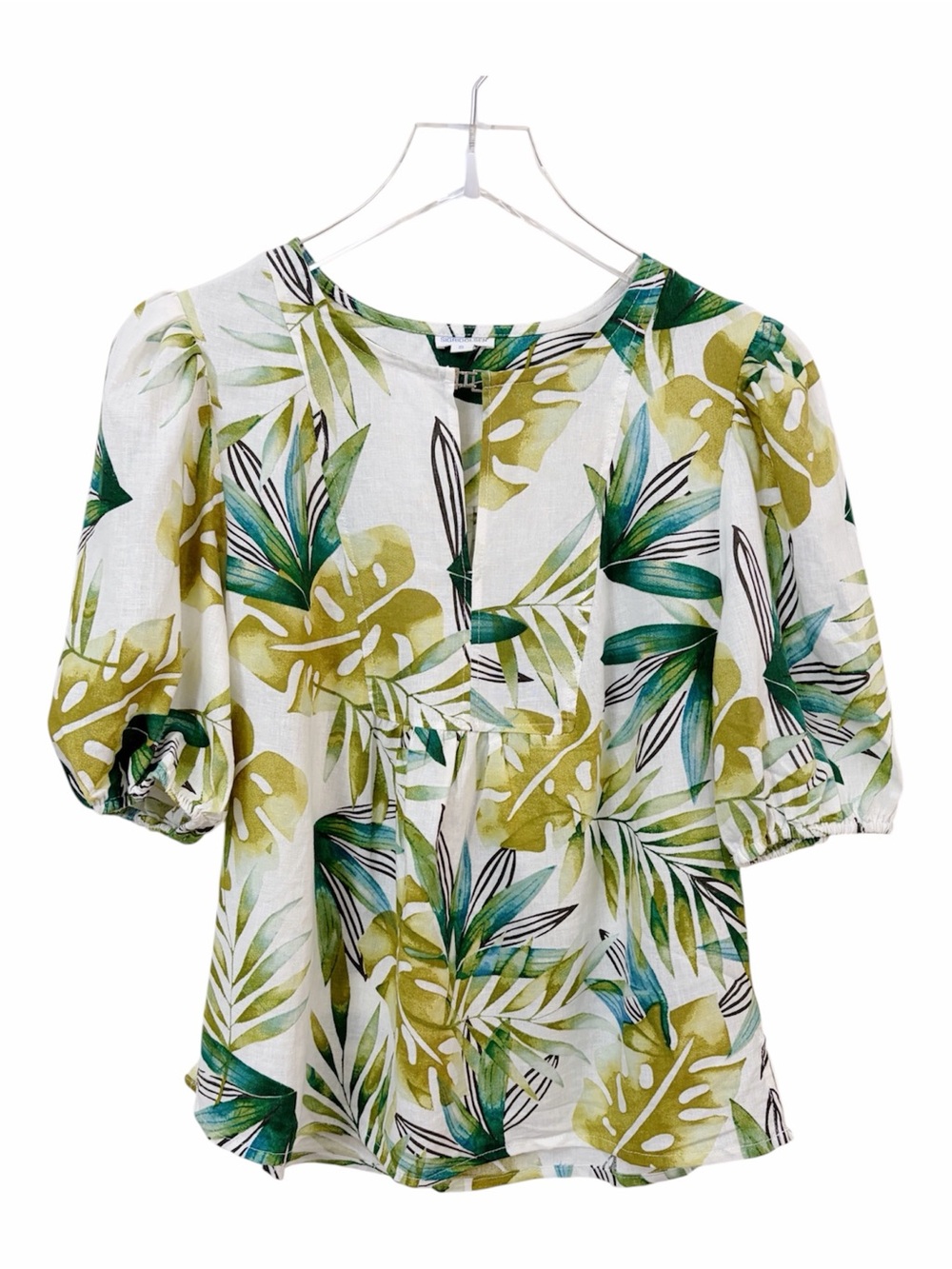 Sigrid Olsen | Linen Blend Puff Short Sleeve Tropical Print Top Small